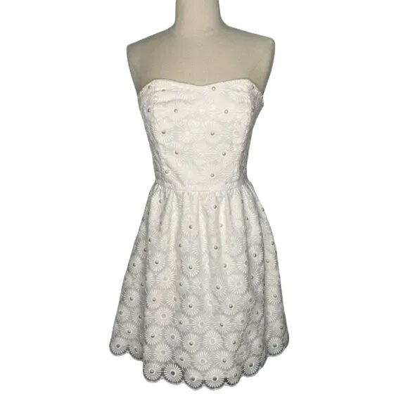 Lilly Pulitzer Payton Dress Strapless White Pinwheel Floral Pearls 00 - Picture 1 of 4